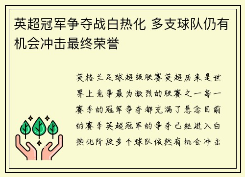 英超冠军争夺战白热化 多支球队仍有机会冲击最终荣誉