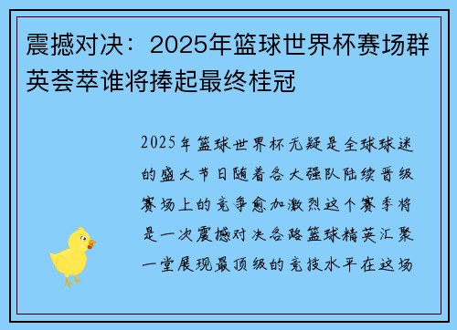 震撼对决：2025年篮球世界杯赛场群英荟萃谁将捧起最终桂冠