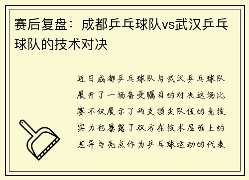 赛后复盘：成都乒乓球队vs武汉乒乓球队的技术对决